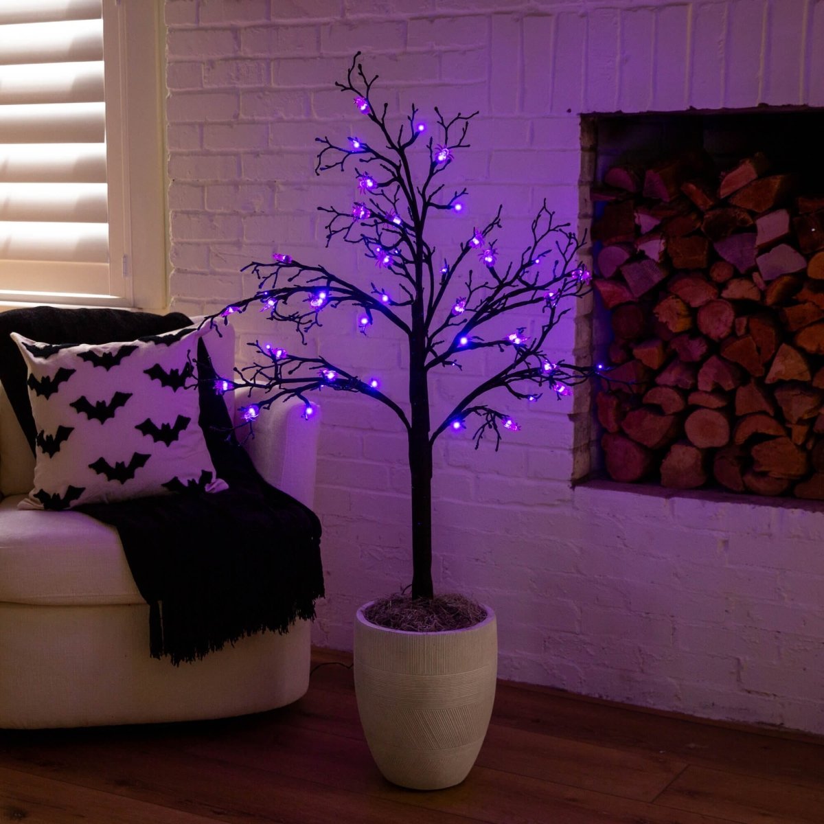 Nearly Natural 4' Pre-Lit Halloween Spider Twig Tree with 48 Purple LEDs