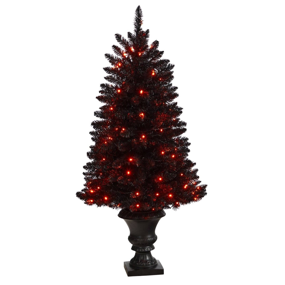Nearly Natural 4ft Black Halloween Tree - Pre - Lit 100 Orange LED Lights Urn Base
