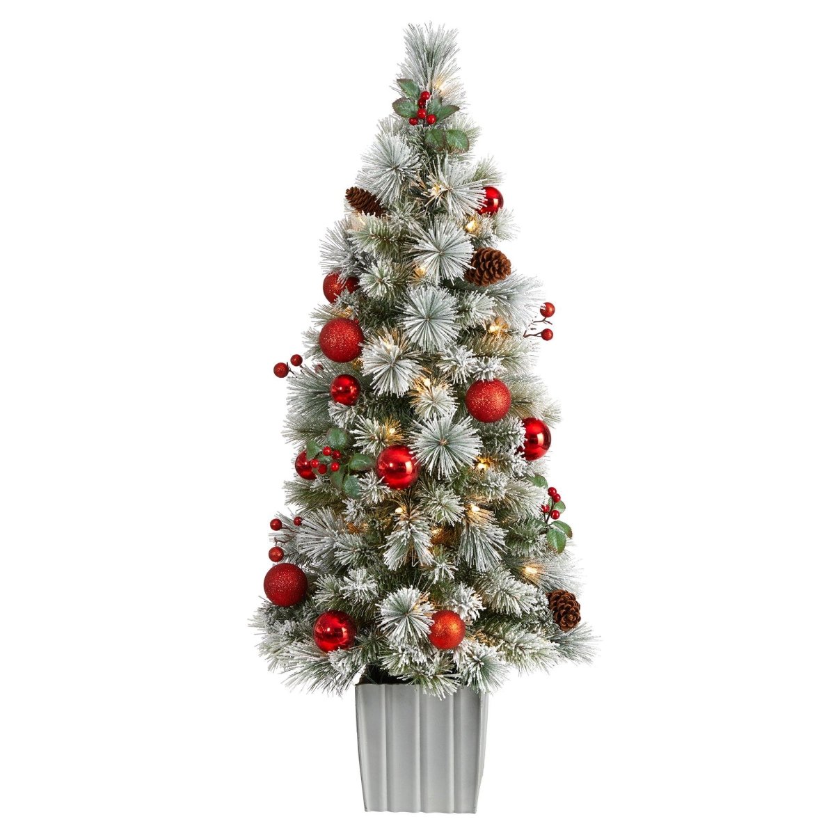 Nearly Natural 4ft Flocked Christmas Tree Pre - Lit 50 Lights Decorated Planter