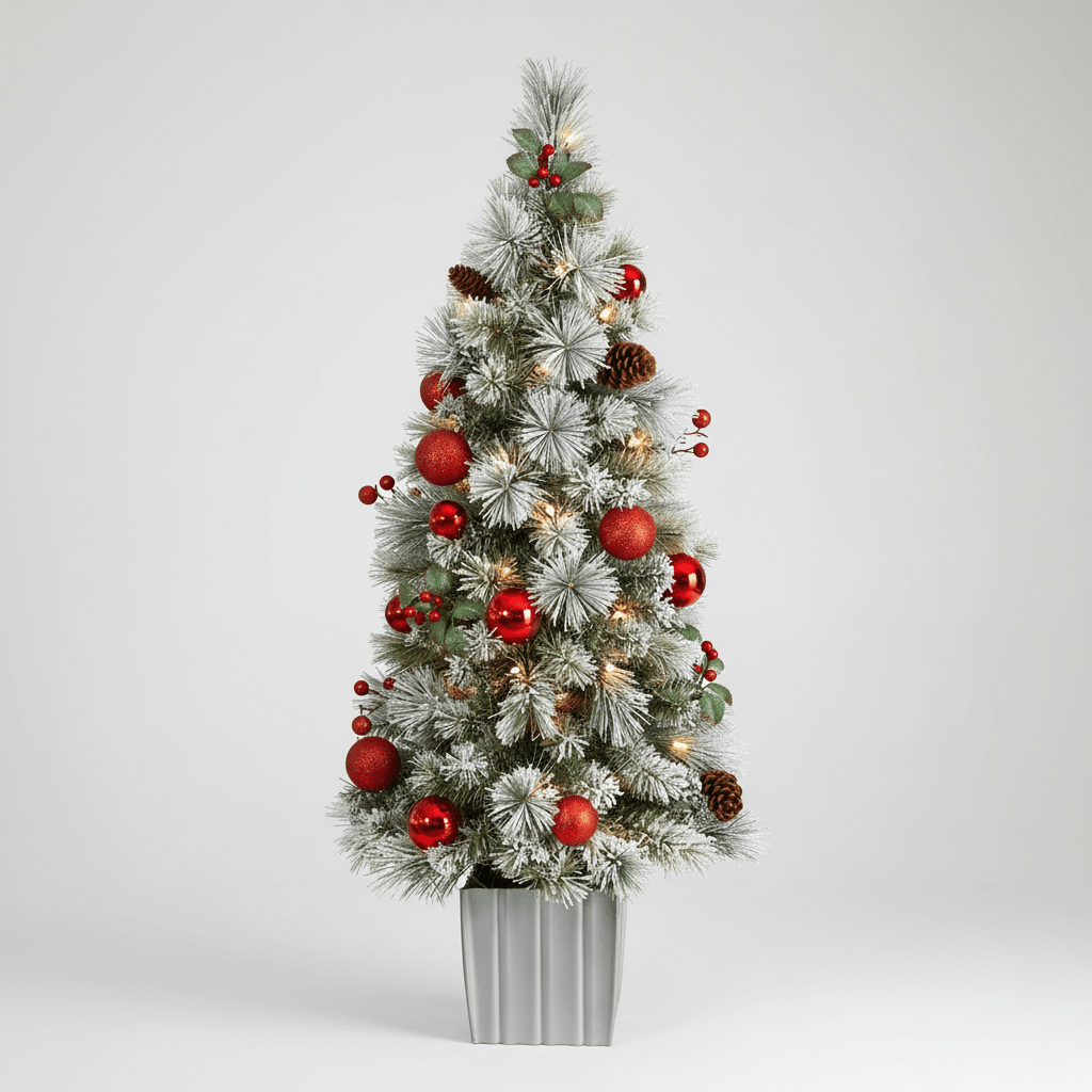 Nearly Natural 4ft Flocked Christmas Tree Pre - Lit 50 Lights Decorated Planter