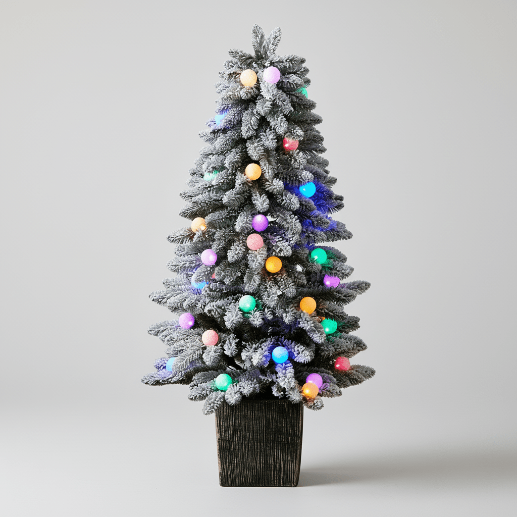 Nearly Natural 4ft Flocked Christmas Tree Pre - Lit with 40 LED Globe Lights & Planter