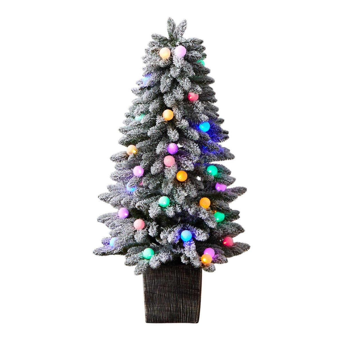 Nearly Natural 4ft Flocked Christmas Tree Pre - Lit with 40 LED Globe Lights & Planter