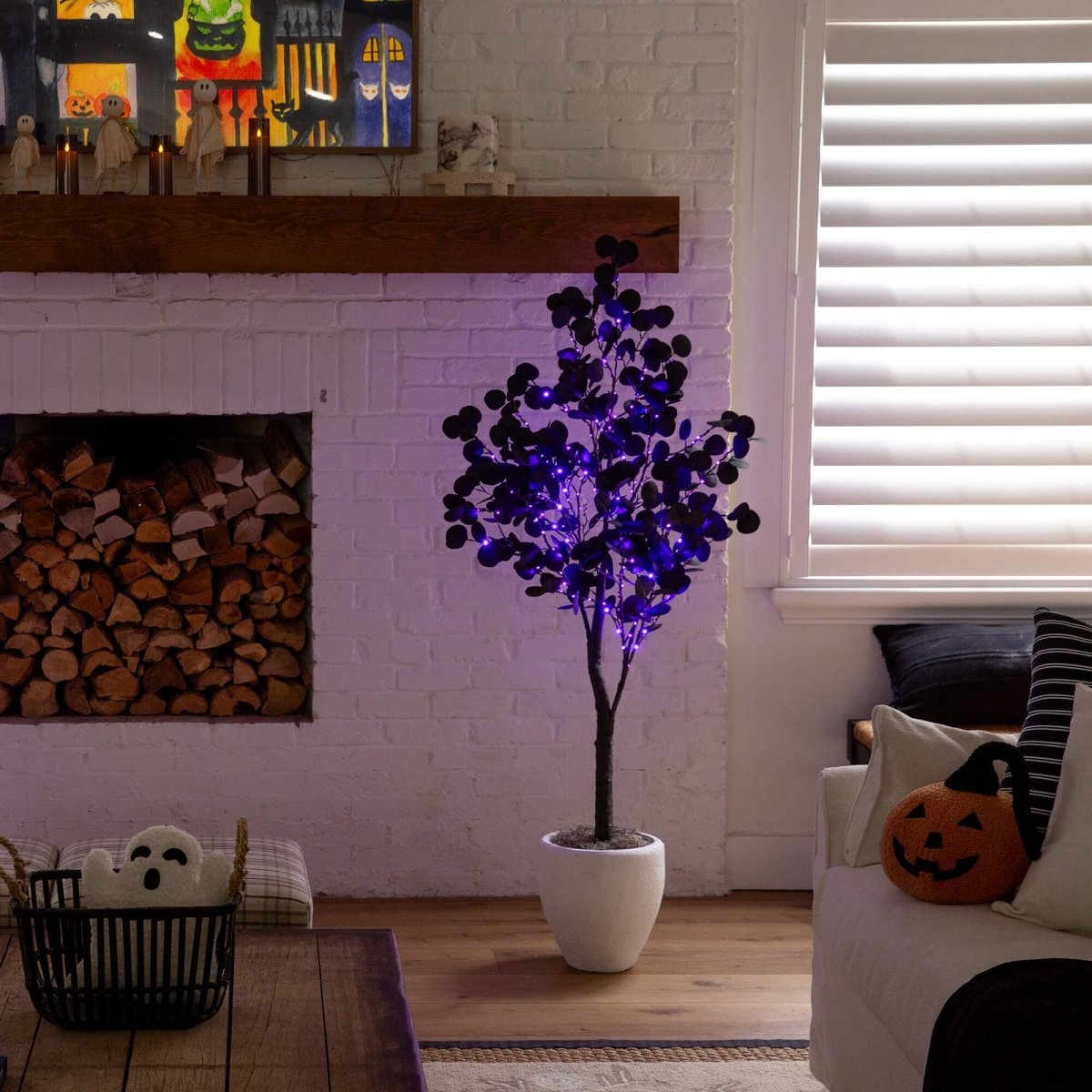 Nearly Natural 5' Pre-Lit Black Eucalyptus Halloween Tree with 220 Orange & Purple LEDs