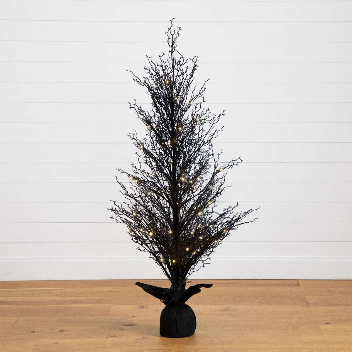 Nearly Natural 5' Pre - Lit Black Twig Halloween Tree - 85 LED Lights, Burlap Base
