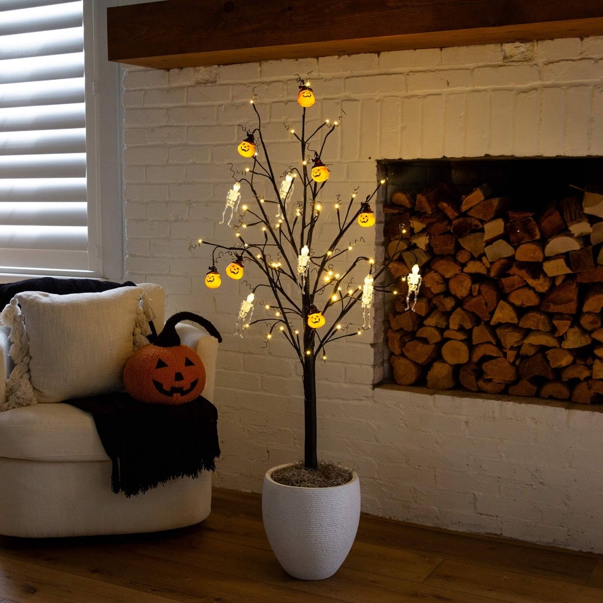 Nearly Natural 5' Pre-Lit Halloween Pumpkin & Skull Tree with 72 Warm White LEDs