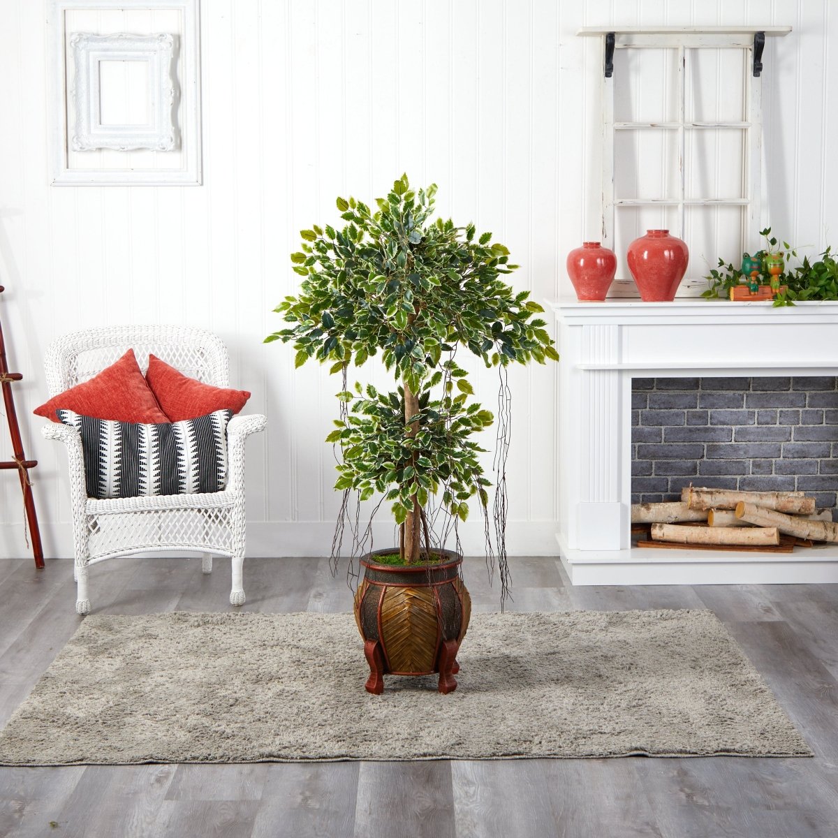 Nearly Natural 59” Variegated Ficus Artificial Tree in Decorative Planter