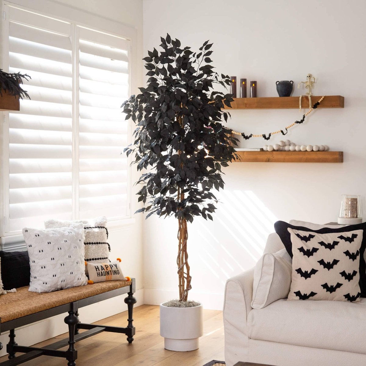 Nearly Natural 6' Artificial Black Ficus Halloween Tree with Natural Trunk