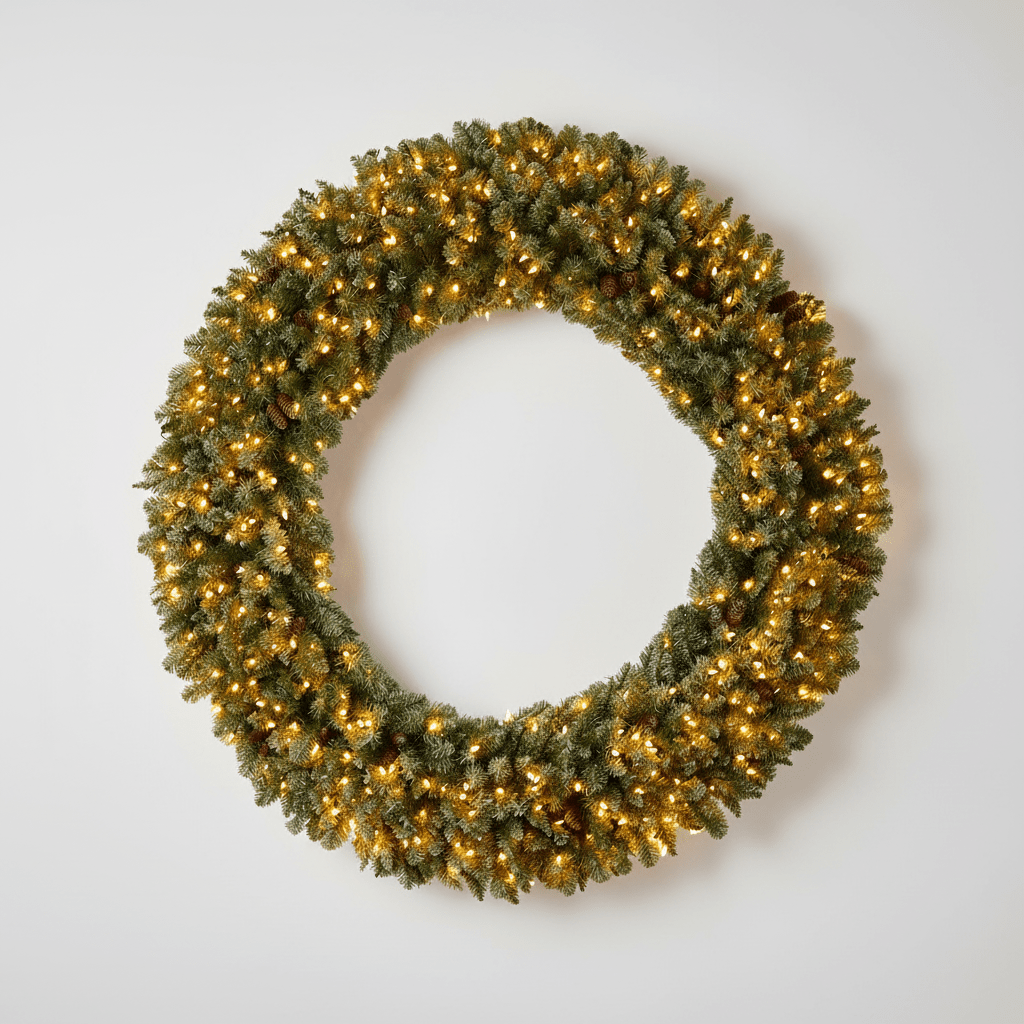 Nearly Natural 6’ Giant Flocked Christmas Wreath with Pinecones, 400 Clear LED Lights and 920 Bendable Branches