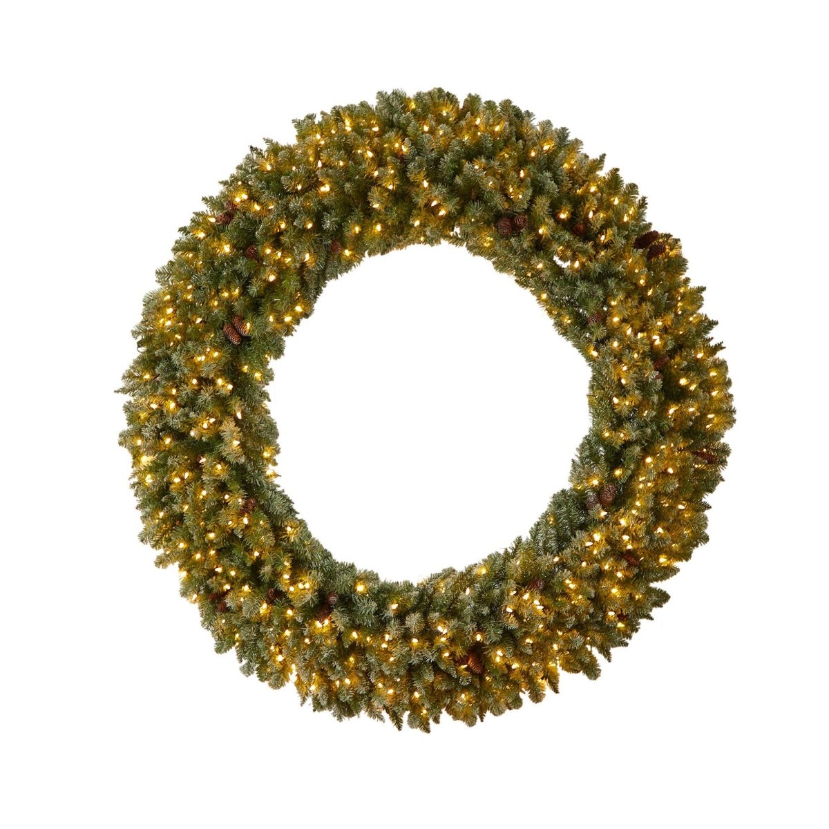 Nearly Natural 6’ Giant Flocked Christmas Wreath with Pinecones, 400 Clear LED Lights and 920 Bendable Branches