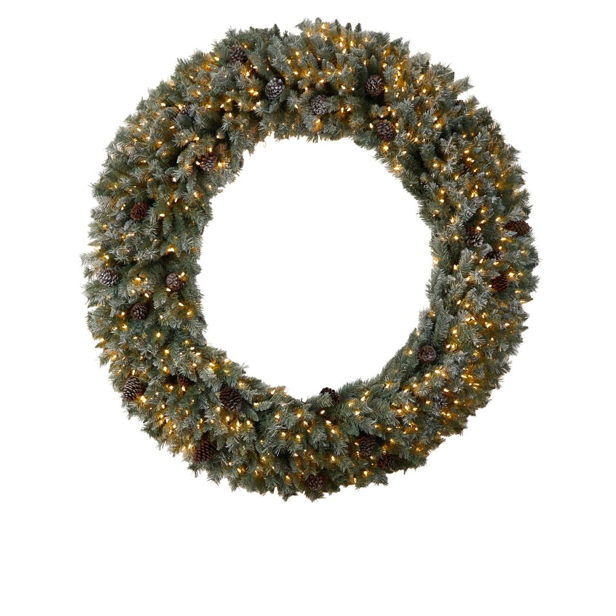 Nearly Natural 6’ Giant Flocked Christmas Wreath with Pinecones, 600 Clear LED Lights and 1000 Bendable Branches