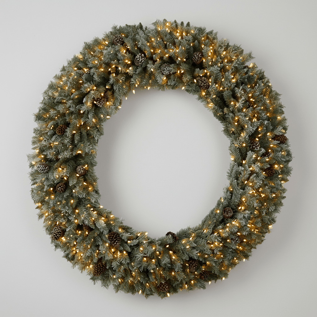 Nearly Natural 6’ Giant Flocked Christmas Wreath with Pinecones, 600 Clear LED Lights and 1000 Bendable Branches