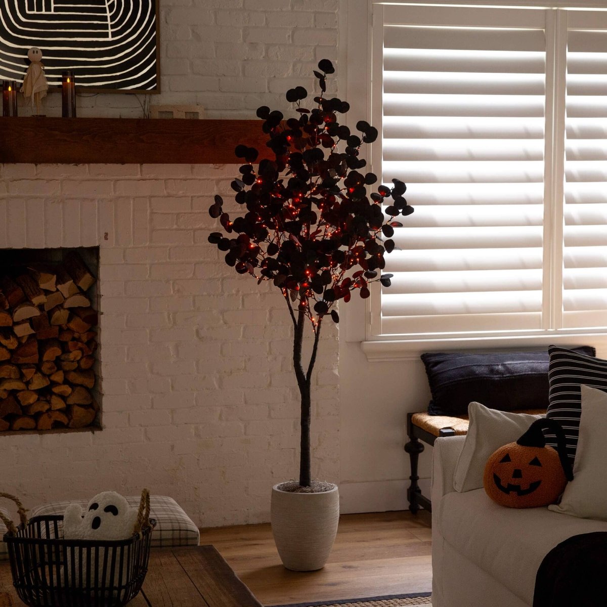 Nearly Natural 6' Pre-Lit Black Eucalyptus Halloween Tree with 300 Orange & Purple LEDs