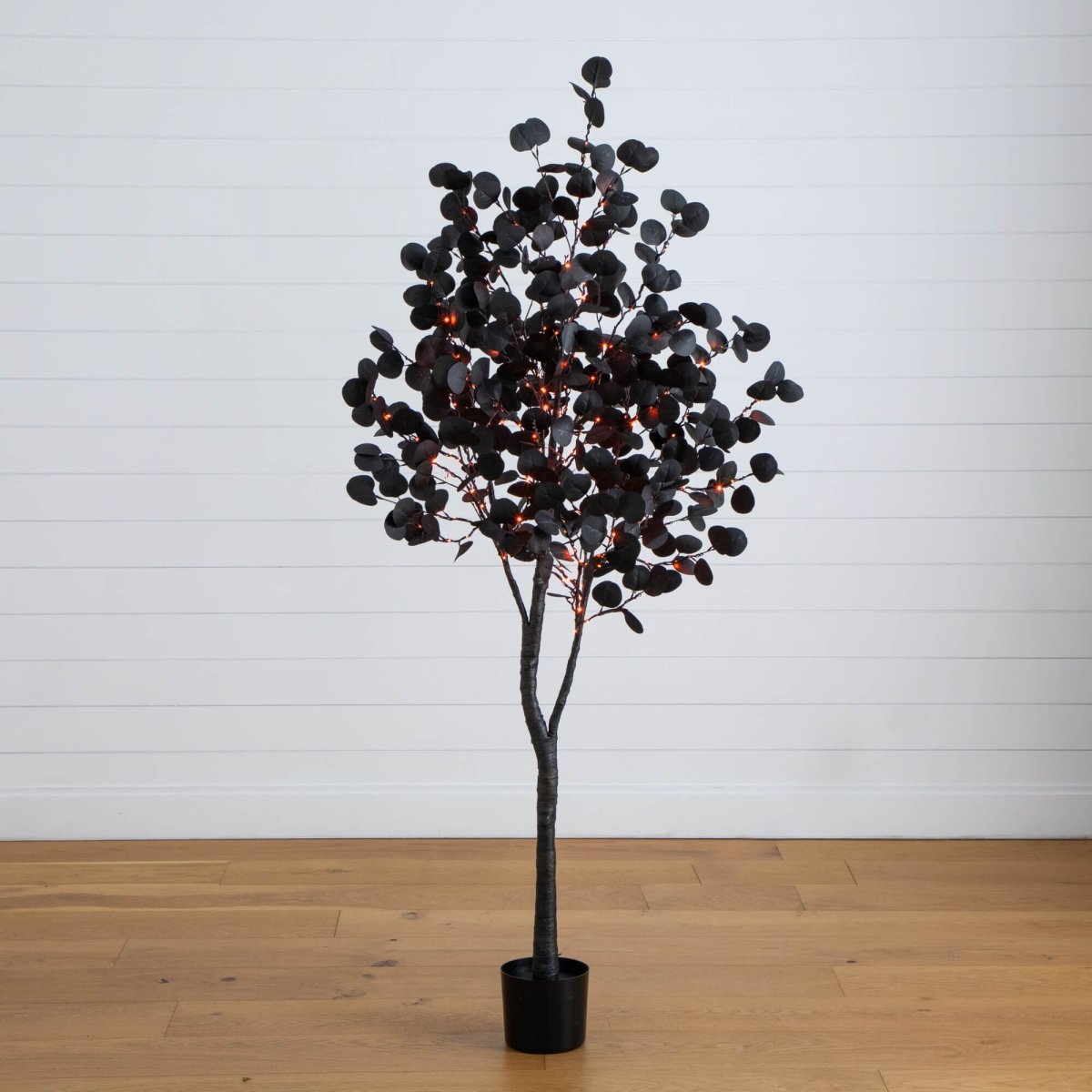 Nearly Natural 6' Pre-Lit Black Eucalyptus Halloween Tree with 300 Orange & Purple LEDs