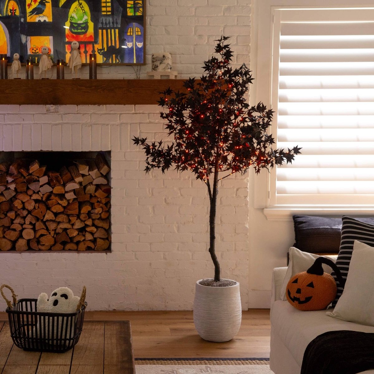 Nearly Natural 6' Pre-Lit Halloween Black Maple Tree with 300 Orange & Purple LEDs