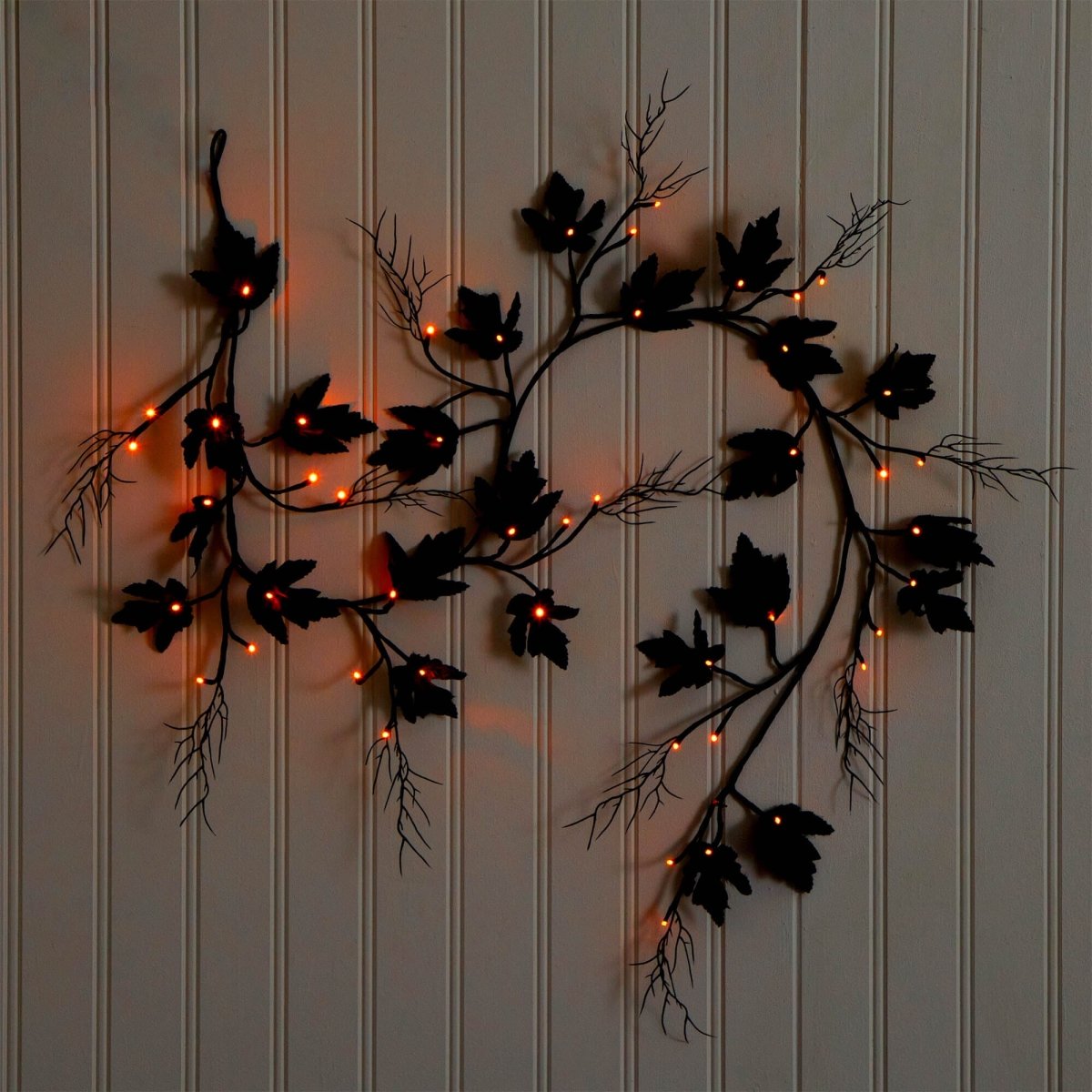Nearly Natural 6.5' Pre-Lit Black Maple Halloween Garland with 48 LED Lights