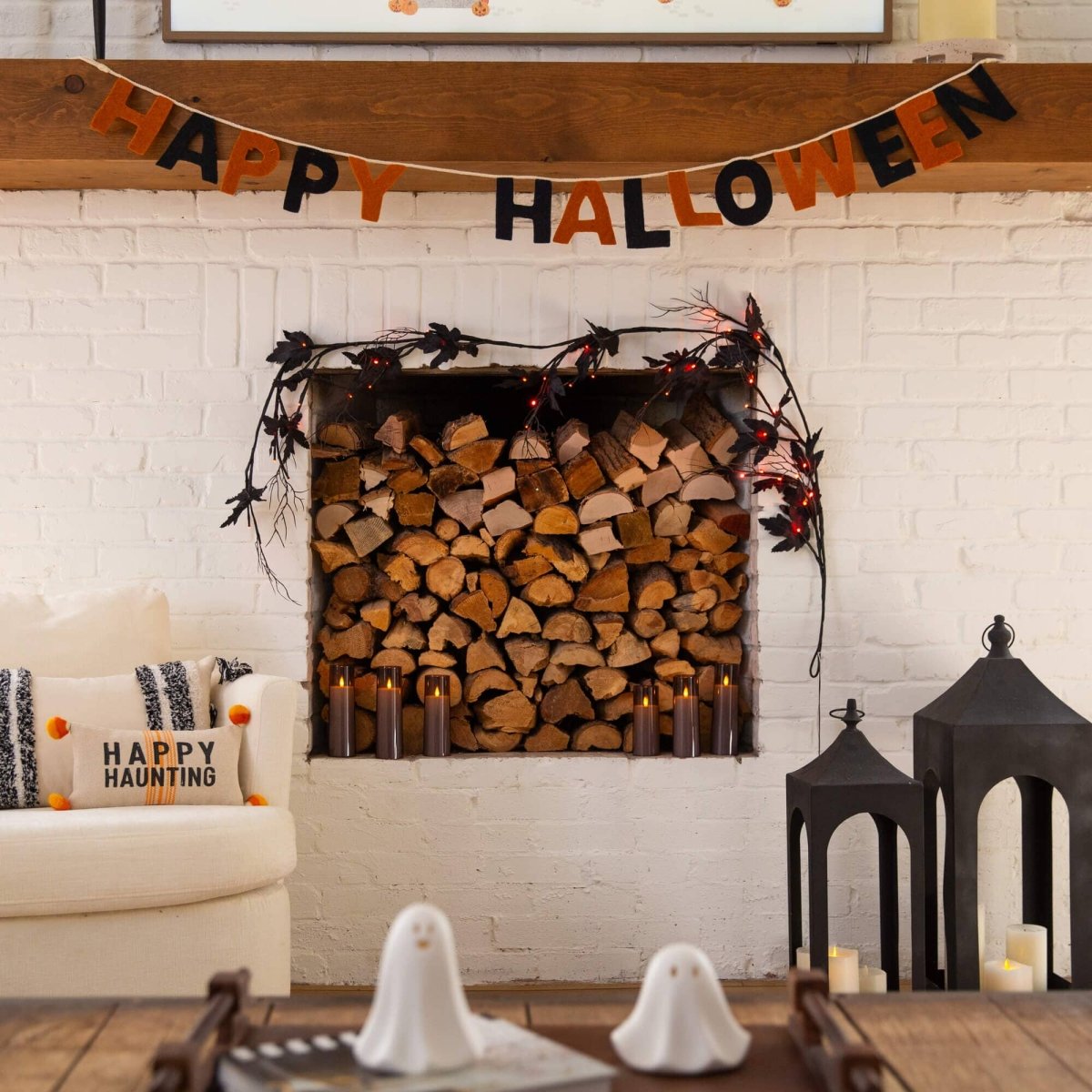 Nearly Natural 6.5' Pre-Lit Black Maple Halloween Garland with 48 LED Lights