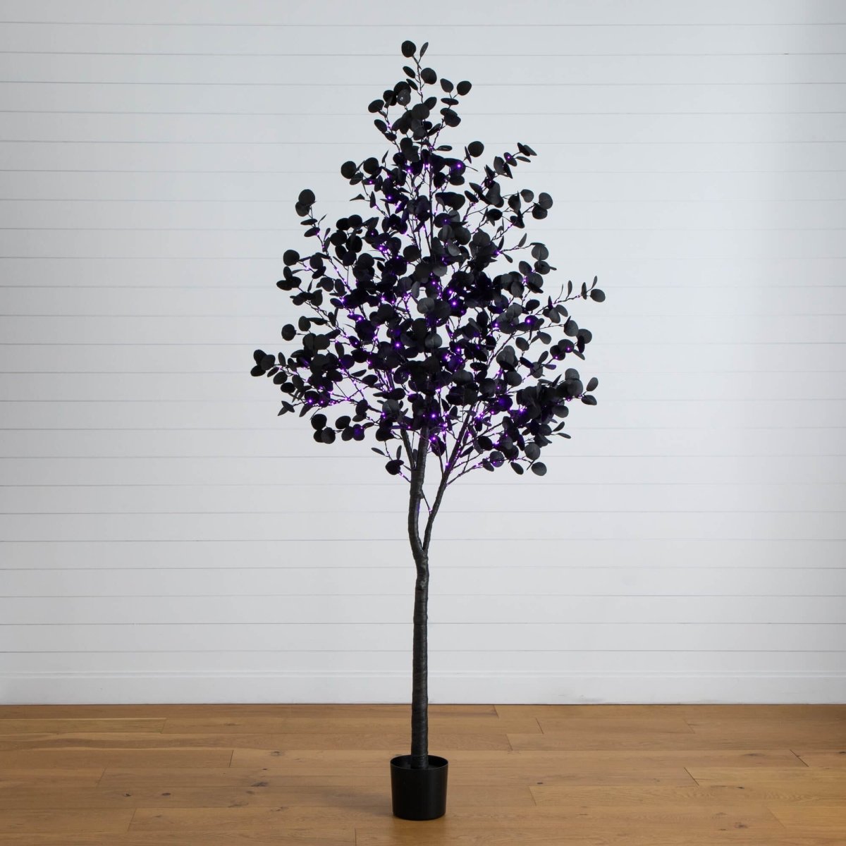 Nearly Natural 8' Pre-Lit Black Eucalyptus Halloween Tree with 540 Orange & Purple LEDs