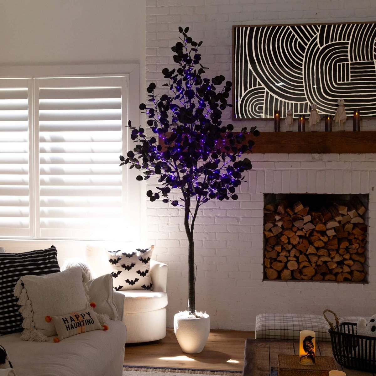Nearly Natural 8' Pre-Lit Black Eucalyptus Halloween Tree with 540 Orange & Purple LEDs