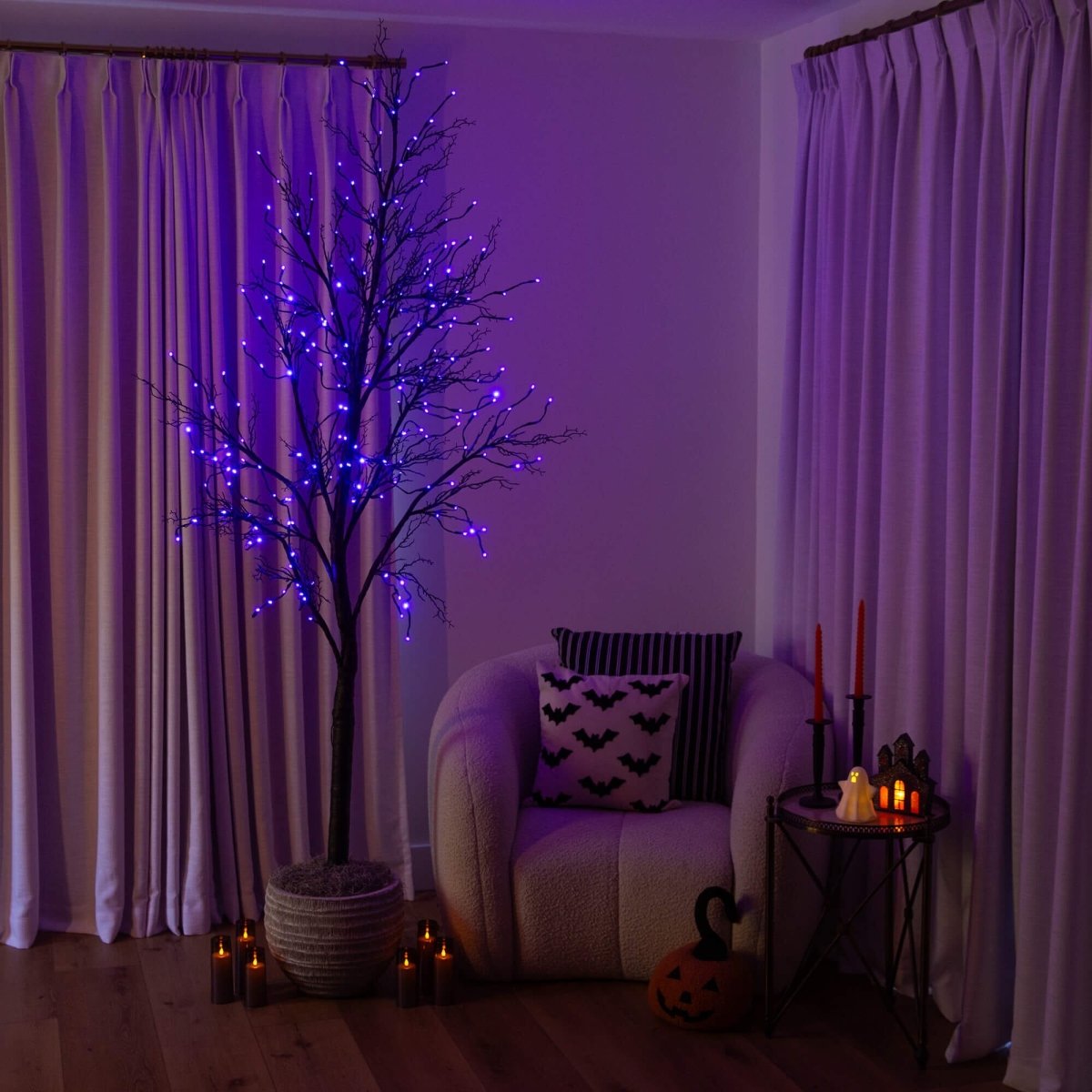 Nearly Natural 8' Pre-Lit Deluxe Black Halloween Twig Tree with 216 Orange & Purple LEDs