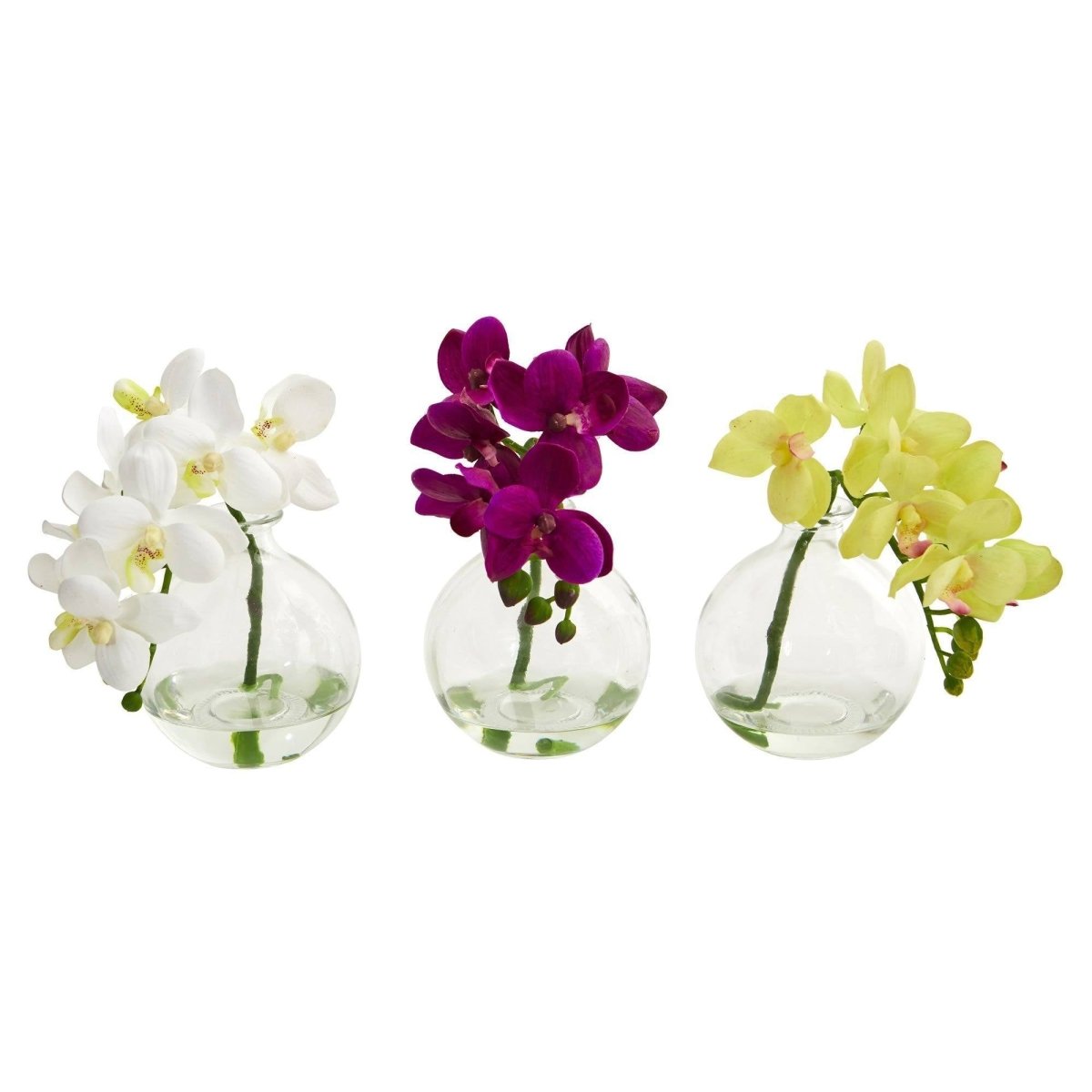 Nearly Natural 9” Phalaenopsis Orchid Artificial Arrangement in Vase, Set of 3