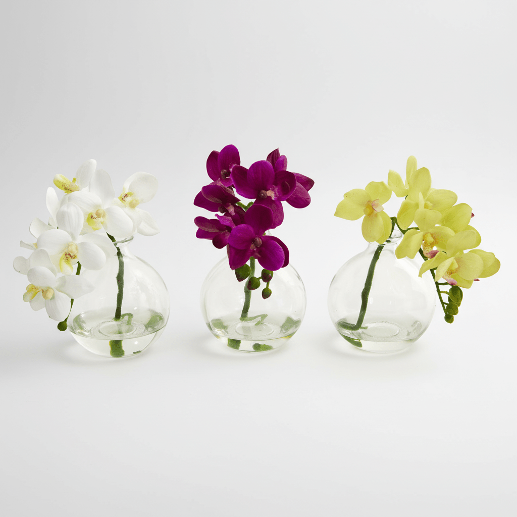 Nearly Natural 9” Phalaenopsis Orchid Artificial Arrangement in Vase, Set of 3