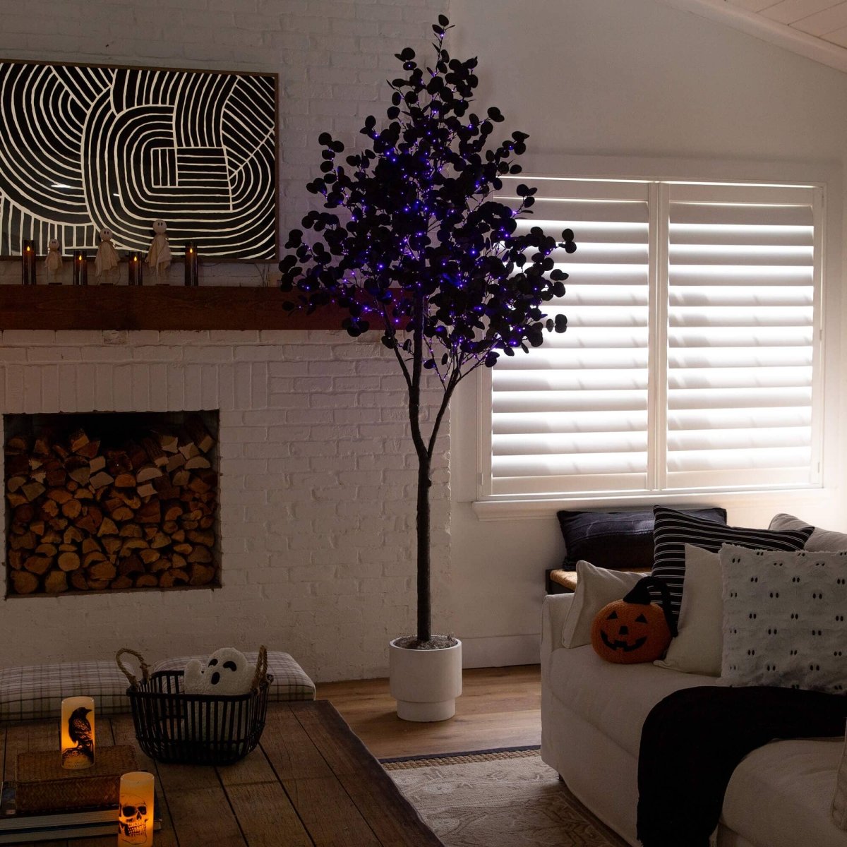 Nearly Natural 9' Pre-Lit Black Eucalyptus Halloween Tree with 700 Orange & Purple LEDs