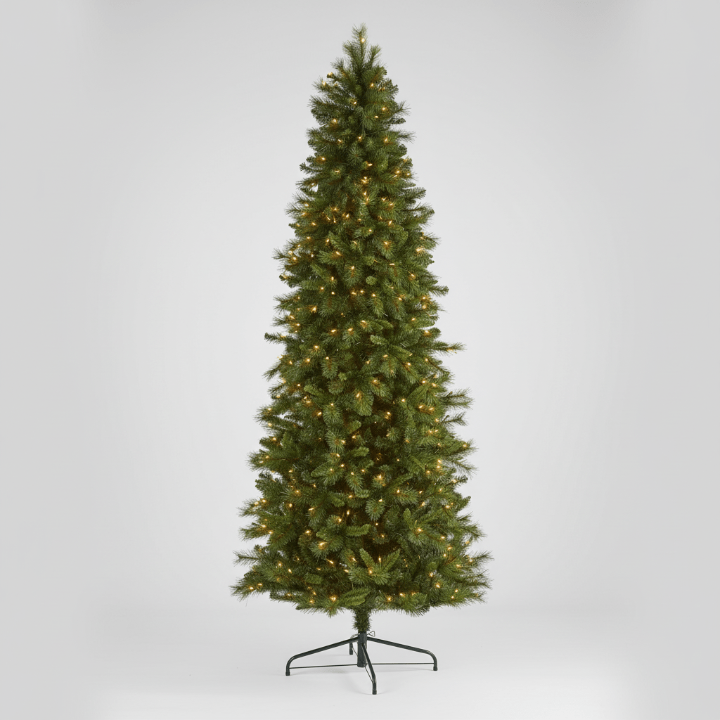Nearly Natural 9’ Slim West Virginia Mountain Pine Artificial Christmas Tree with 600 Clear Lights and 1359 Bendable Branches