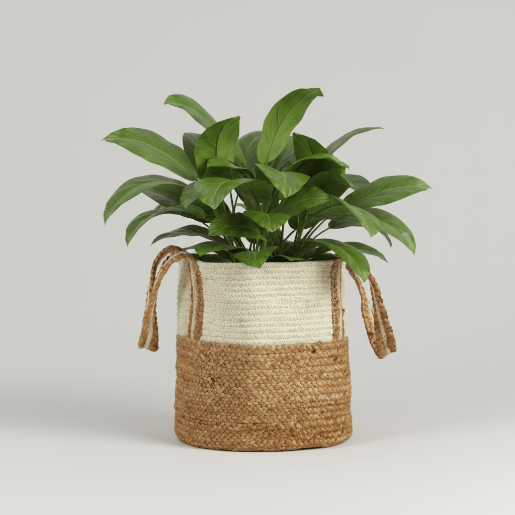 Nearly Natural Boho Chic Cotton & Jute Basket with Handles, 14 Inch