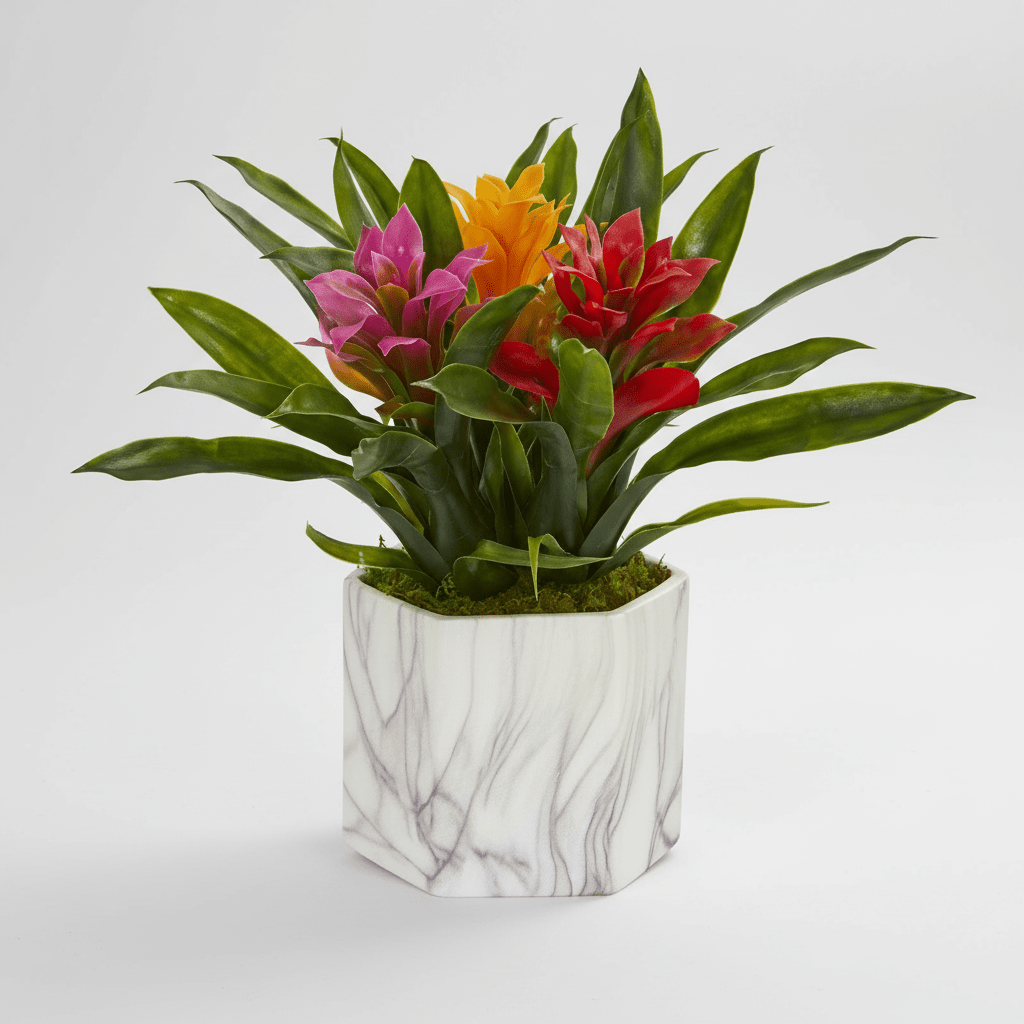 Nearly Natural Bromeliad Artificial Plant in Marble Finished Vase