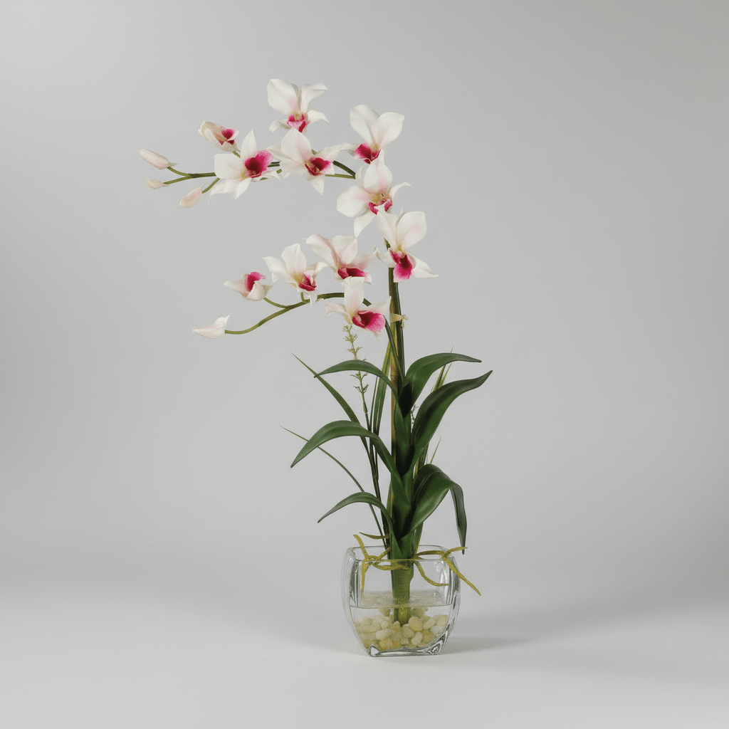 Nearly Natural Dendrobium Orchid Silk Arrangement with Glass Vase - 22 Inch