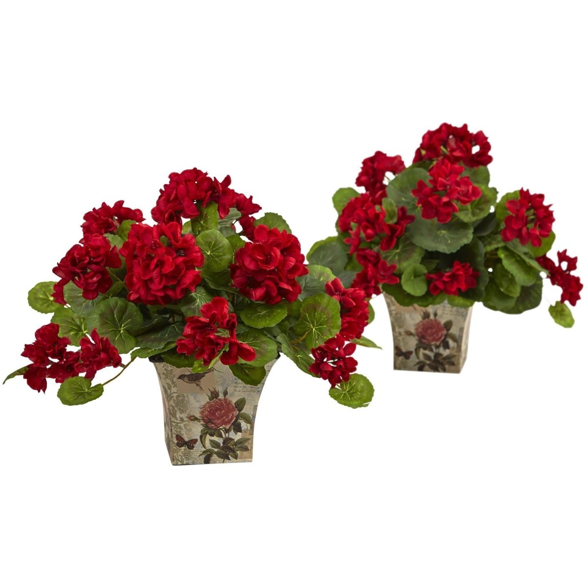 Nearly Natural Geranium Flowering Silk Plant with Floral Planter (Set of 2)