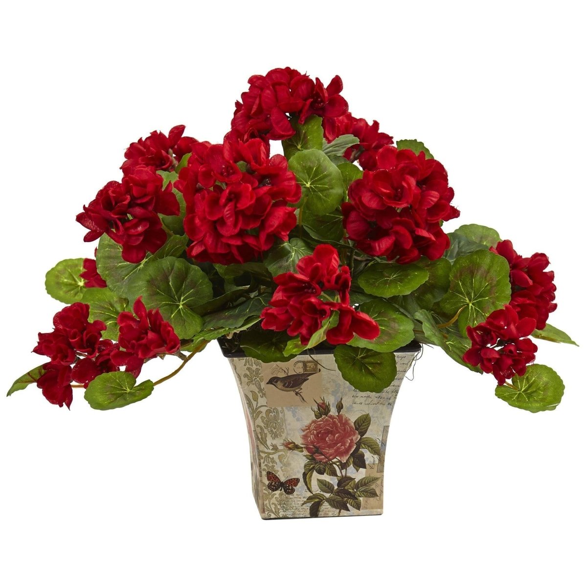 Nearly Natural Geranium Flowering Silk Plant with Floral Planter (Set of 2)