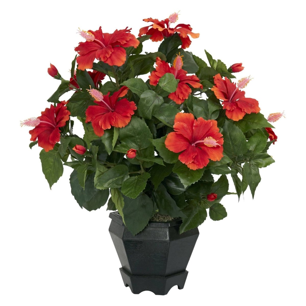 Nearly Natural Hibiscus Silk Plant with Black Hexagon Vase - 20" Faux Tropical