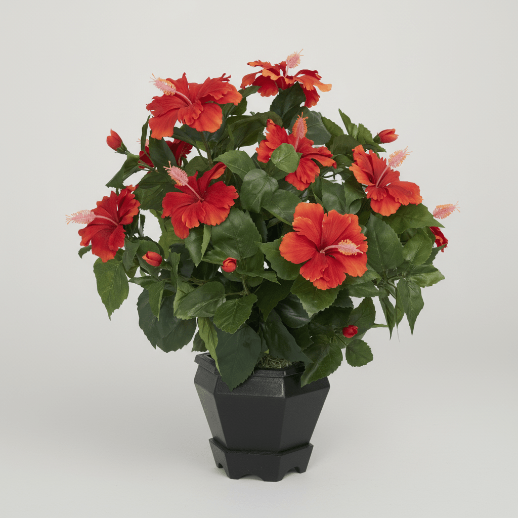 Nearly Natural Hibiscus Silk Plant with Black Hexagon Vase - 20" Faux Tropical