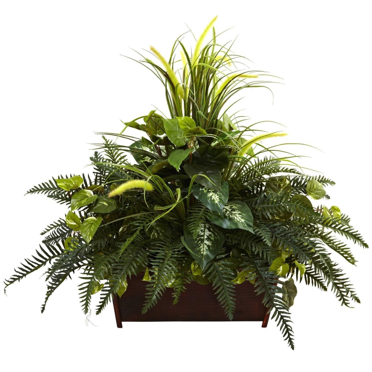Nearly Natural Mixed Grass & River Fern w/Wood Planter