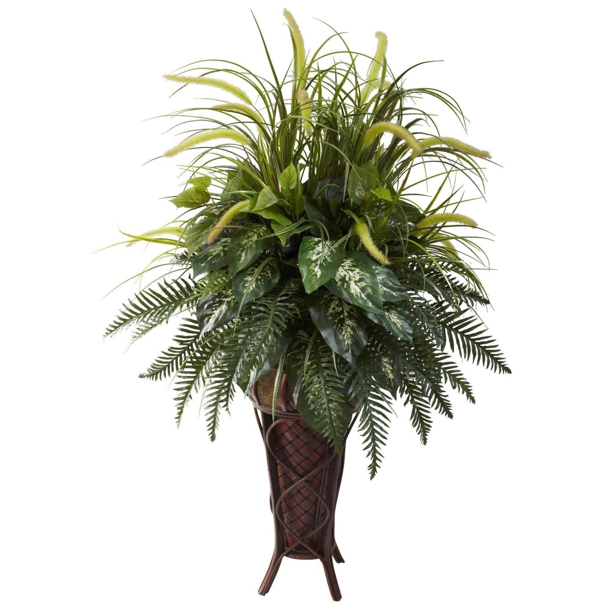 Nearly Natural Mixed Greens & Cattails w/Stand Planter