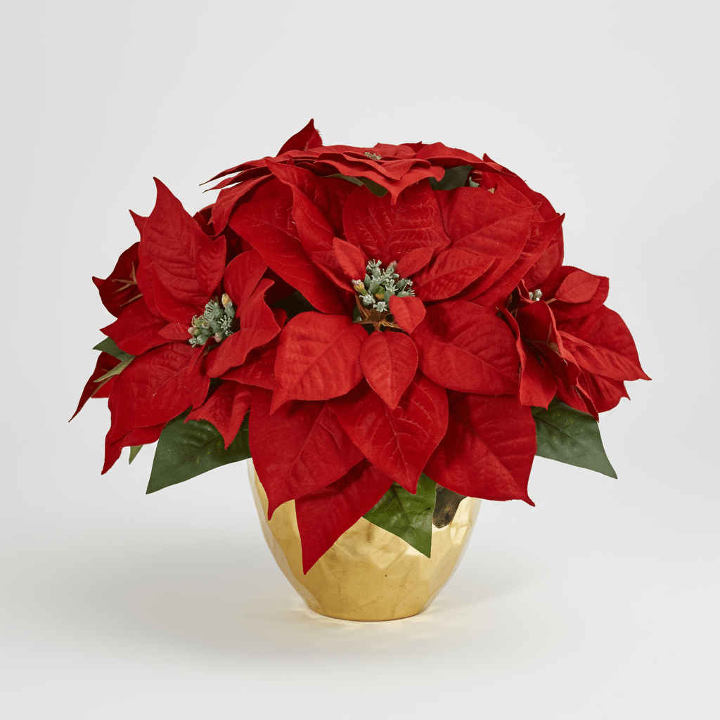 Nearly Natural Poinsettia Artificial Arrangement in Gold Vase