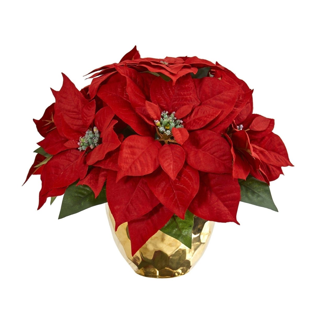 Nearly Natural Poinsettia Artificial Arrangement in Gold Vase