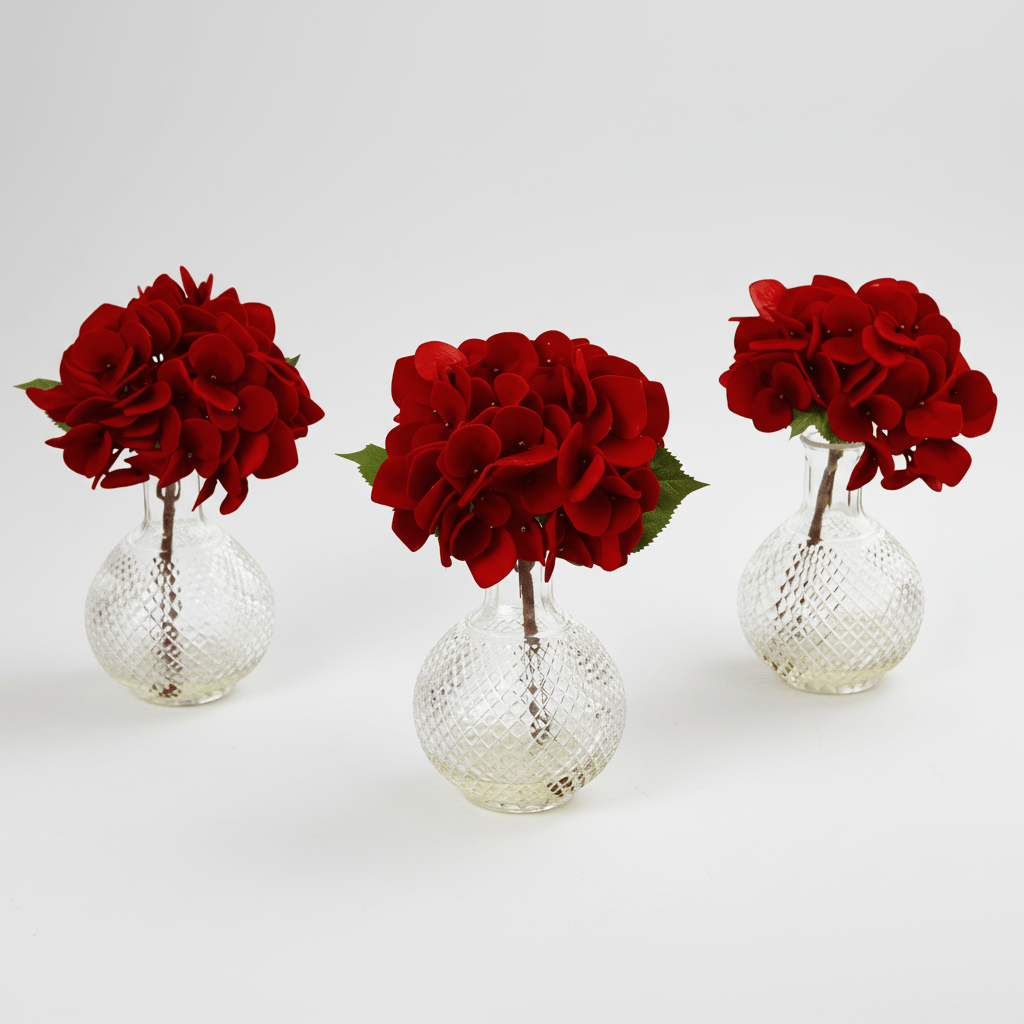 Nearly Natural Red Hydrangea in Glass Vase, Set of 3
