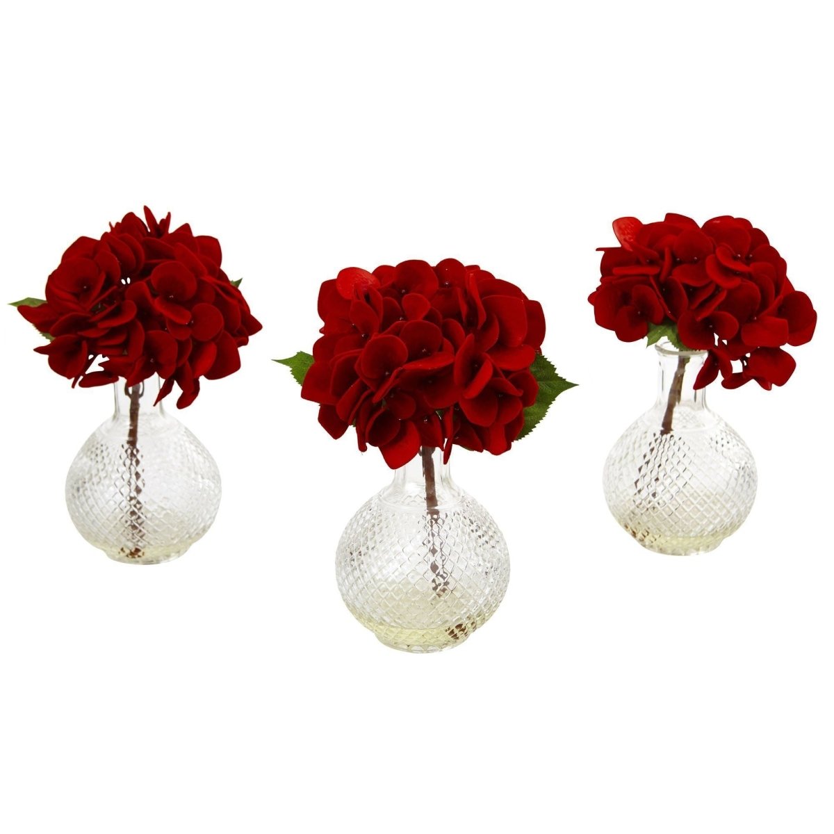 Nearly Natural Red Hydrangea in Glass Vase, Set of 3