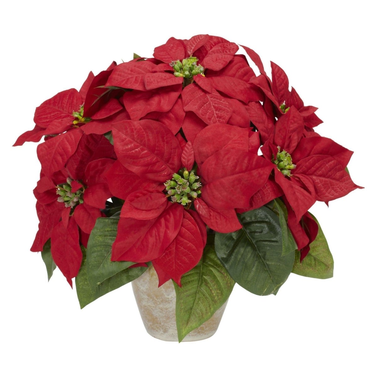 Nearly Natural Red Poinsettia Silk Flower Arrangement with Ceramic Vase - 13 Inch