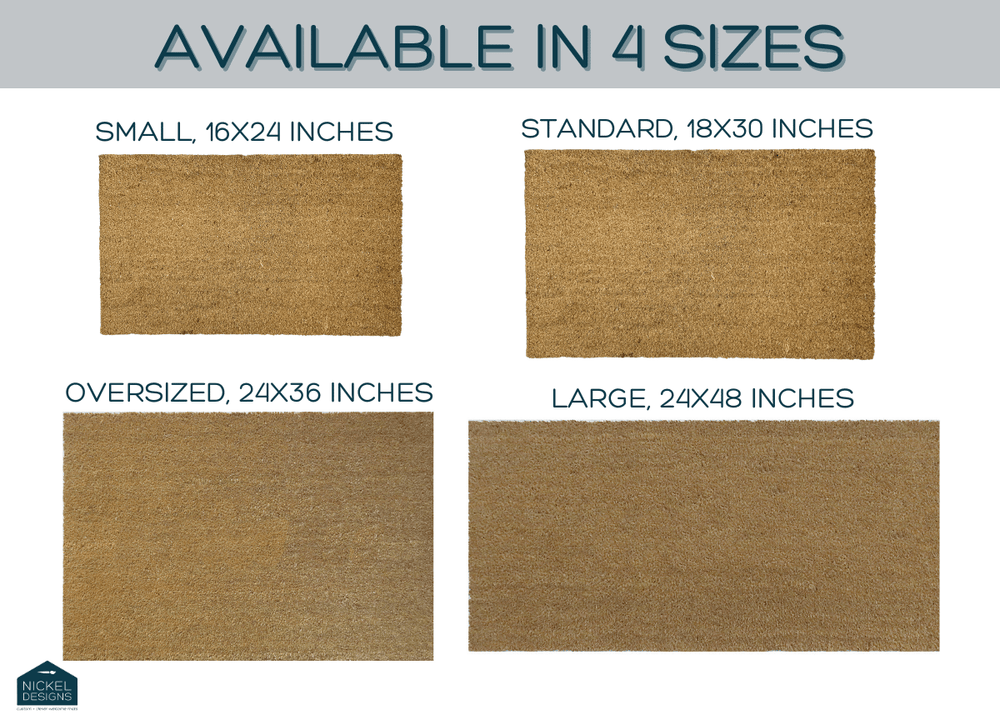 
                      
                        Nickel Designs Custom Doormats size chart for four doormats
                      
                    