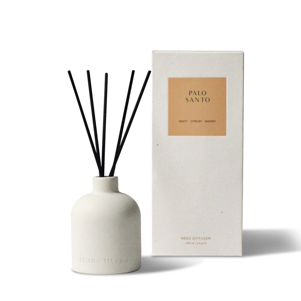 CEDAR AND MYRRH Palo Santo White Ceramic Reed Diffuser - lily & onyx