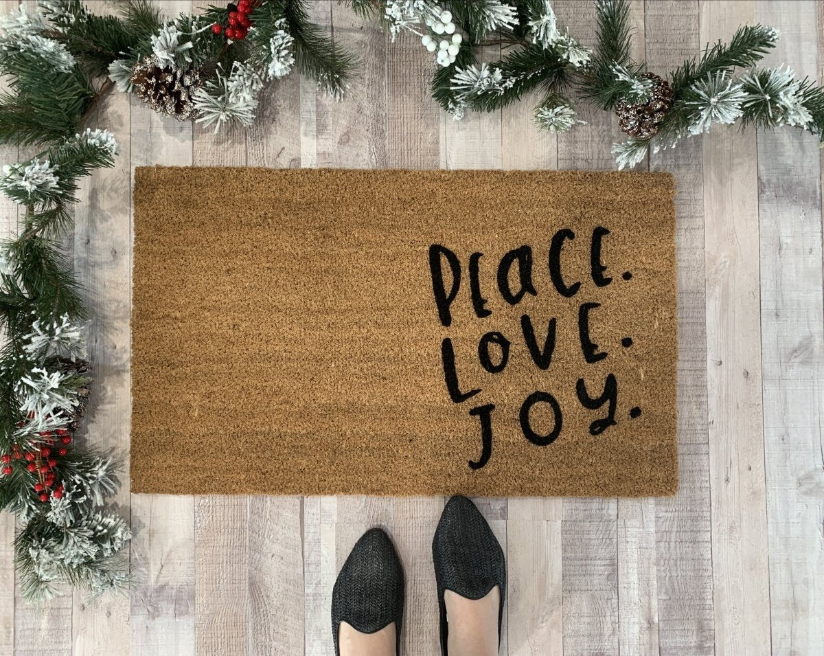 Nickel Designs Custom Doormats Peace Love and Joy Modern Holiday Doormat