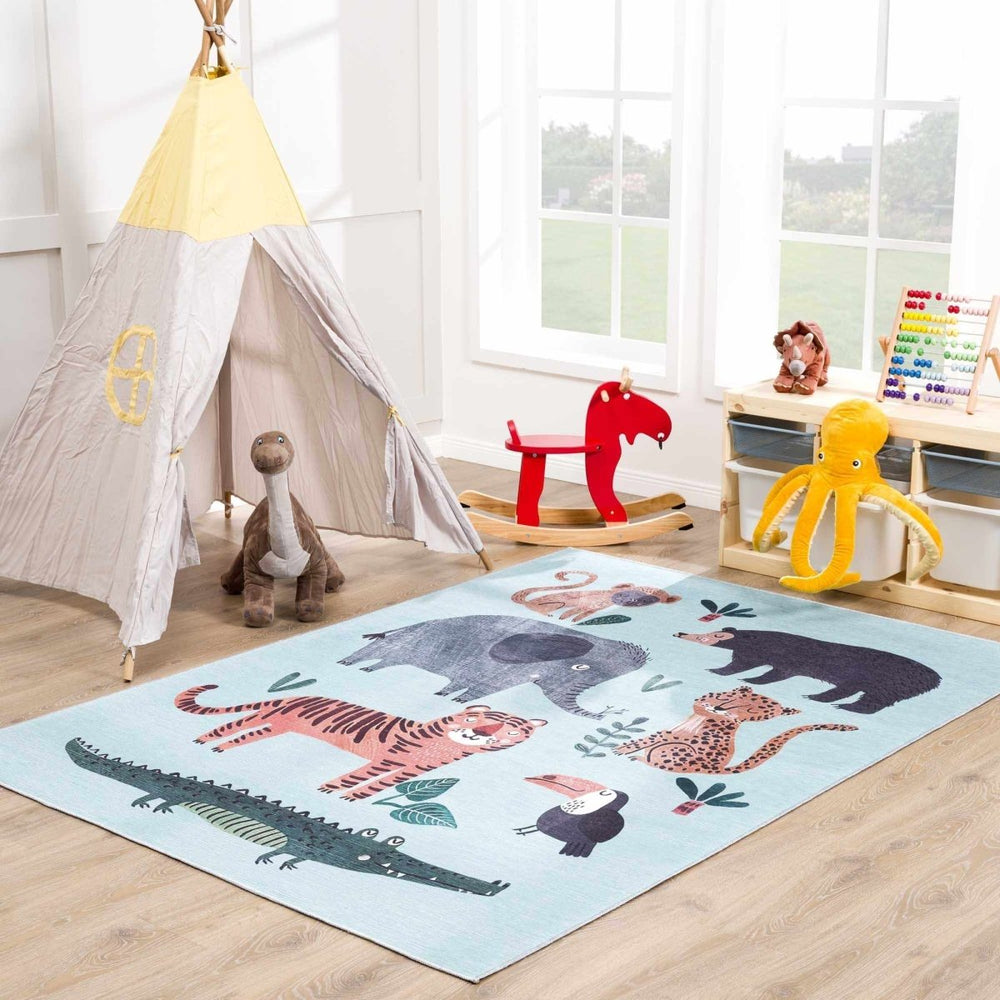 Hauteloom Petey Blue Animal Print Washable Kids Rug - lily & onyx