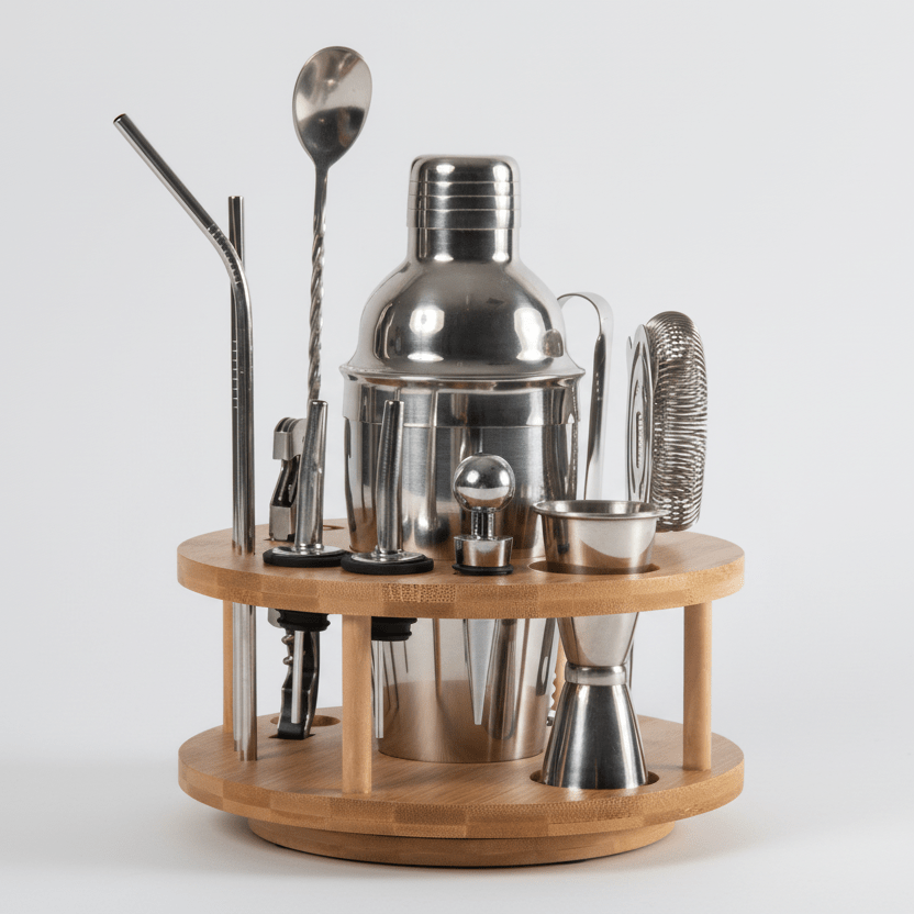 Picnic Time Family of Brands 12 - Piece Stainless Steel Bar Tool Set with Bamboo Lazy Susan Stand