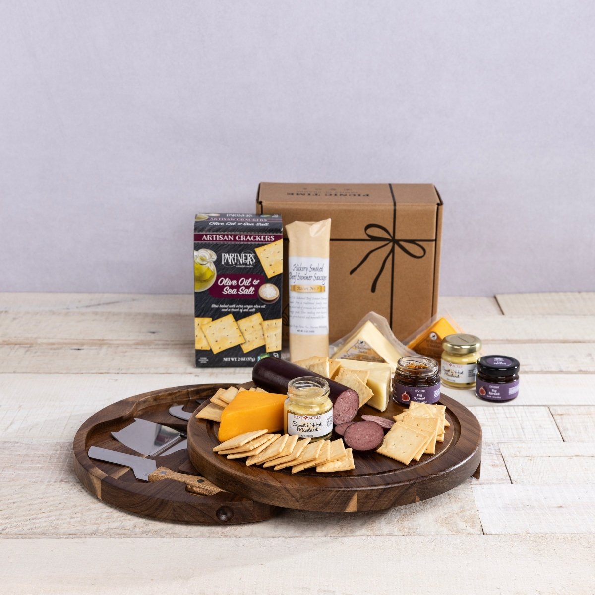 Picnic Time Family of Brands Acacia Circo Cheese Board with Gourmet Gift Pack