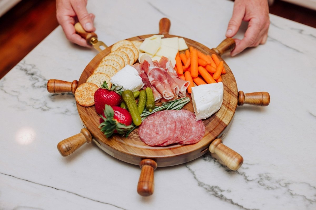 Picnic Time Family of Brands Helmsman Acacia Wood Lazy Susan Cheese Board Set with 4 Stainless Steel Tools