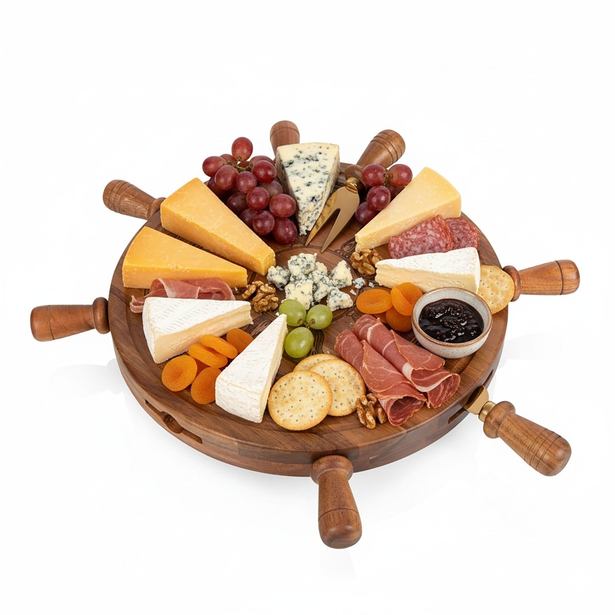 Picnic Time Family of Brands Helmsman Acacia Wood Lazy Susan Cheese Board Set with 4 Stainless Steel Tools