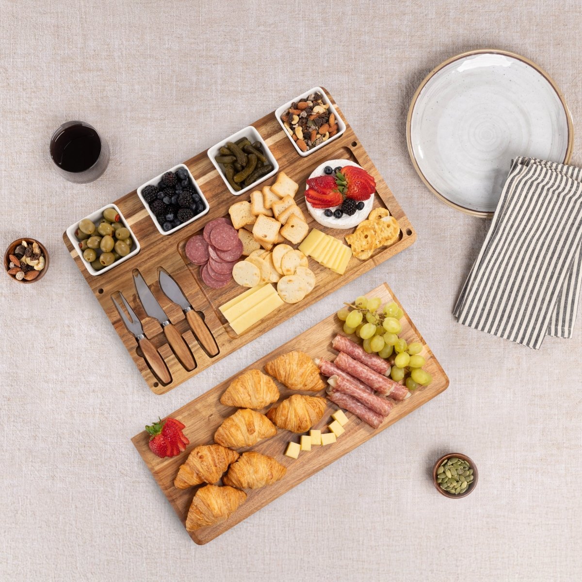 Picnic Time Family of Brands Picada Acacia Wood Tapas & Cheese Board Set with Ceramic Dip Bowls